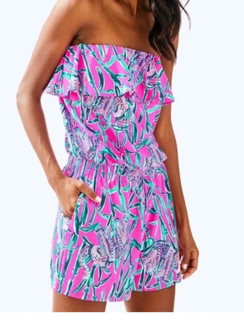 Lilly Pulitzer "Anja" strapless romper featuring a pink and turquoise floral